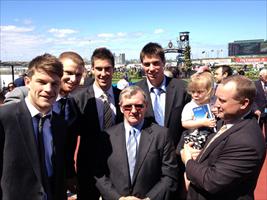 Some of the Carlton Footballers enjoying All Too Hards win with John, Wayne and Matilda