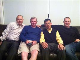 Assistant HK trainers Chris So (Caspar Fownes) and Frankie Lor (John Moore) after dinner with John and Michael