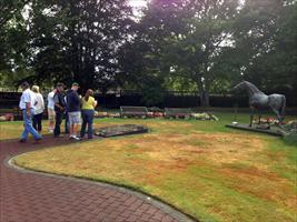 Hawkes Racing Tour at Cambridge stud looking over Sir Tristrams statue