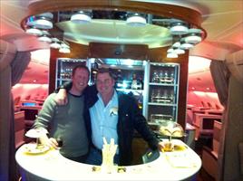 Michael Hawkes with David Healey in the bar on the Emirates Airlines A380