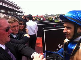 Michael Rodd talking with John, Chris and Jane Barham about Jolie Bays huge effort to run 2nd in the G1 Coolmore