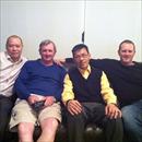 Assistant HK trainers Chris So (Caspar Fownes) and Frankie Lor (John Moore) after dinner with John and Michael